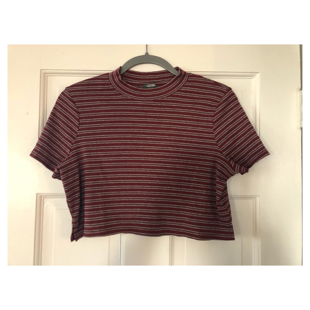 Wild Fable Maroon Cropped Striped Mock-neck Tee